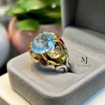 Swiss Blue Topaz Ring, Handmade Sterling Silver 925, Rhodium Coated & Gold Plated Statement Jewelry