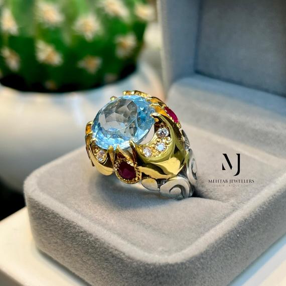 Swiss Blue Topaz Ring, Handmade Sterling Silver 925, Rhodium Coated & Gold Plated Statement Jewelry