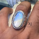 Natural Ethiopian White Opal Ring, Hand Engraved Sterling Silver 925, Artisan Statement Gift