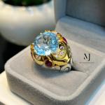 Swiss Blue Topaz Ring, Handmade Sterling Silver 925, Rhodium Coated & Gold Plated Statement Jewelry