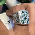 Natural Emerald Signet Ring, Hand Engraved Sterling Silver 925, Mosaic Statement Gift