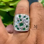 Natural Emerald Signet Ring, Hand Engraved Sterling Silver 925, Mosaic Statement Gift