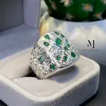 Natural Emerald Signet Ring, Hand Engraved Sterling Silver 925, Mosaic Statement Gift