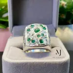 Natural Emerald Signet Ring, Hand Engraved Sterling Silver 925, Mosaic Statement Gift