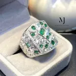 Natural Emerald Signet Ring, Hand Engraved Sterling Silver 925, Mosaic Statement Gift