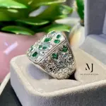 Natural Emerald Signet Ring, Hand Engraved Sterling Silver 925, Mosaic Statement Gift