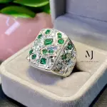 Natural Emerald Signet Ring, Hand Engraved Sterling Silver 925, Mosaic Statement Gift