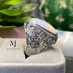 Natural Ethiopian White Opal Ring, Hand Engraved Sterling Silver 925, Artisan Statement Gift