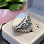 Natural Ethiopian White Opal Ring, Hand Engraved Sterling Silver 925, Artisan Statement Gift