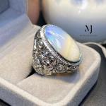 Natural Ethiopian White Opal Ring, Hand Engraved Sterling Silver 925, Artisan Statement Gift