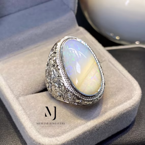 Natural Ethiopian White Opal Ring, Hand Engraved Sterling Silver 925, Artisan Statement Gift