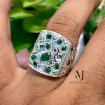 Natural Emerald Signet Ring, Hand Engraved Sterling Silver 925, Mosaic Statement Gift