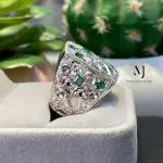 Natural Emerald Signet Ring, Hand Engraved Sterling Silver 925, Mosaic Statement Gift