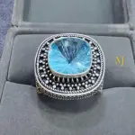 Natural Swiss Blue Topaz Ring – Handmade Sterling Silver 925 Jewelry in Old Tribal Design
