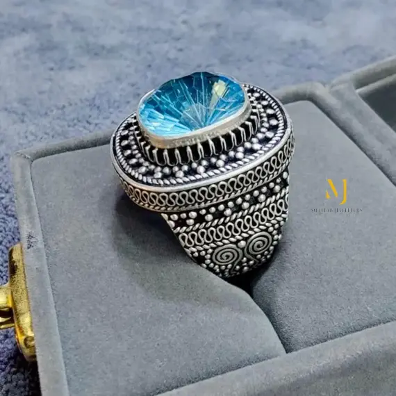 Natural Swiss Blue Topaz Ring – Handmade Sterling Silver 925 Jewelry in Old Tribal Design