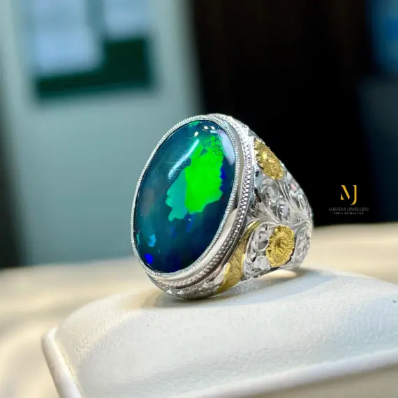 Natural Black Opal Sterling Silver 925 Handmade Hand Engraved Ring