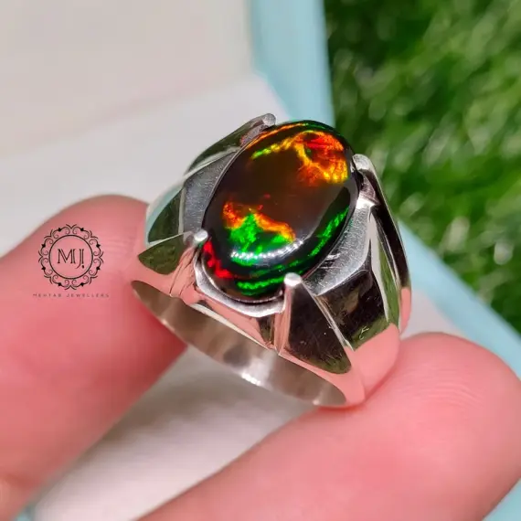 Natural Black Opal Ring , Natural Ethiopian Black Opal Sterling Silver 925 Handmade Ring For Men