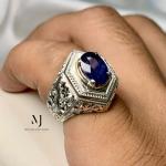 Sapphire Ring - Natural Blue Sapphire Sterling Silver 925 Handmade Hand engraved Ring - September's Birthstone
