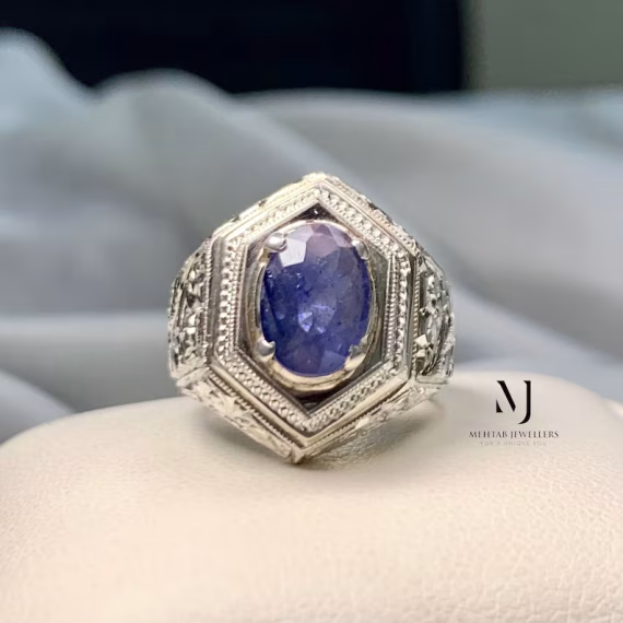 Sapphire Ring - Natural Blue Sapphire Sterling Silver 925 Handmade Hand engraved Ring - September's Birthstone