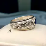 Blue Sapphire Ring - Natural Blue Sapphire Sterling Silver 925 Handmade Hand Engraved Ring - September's Birthstone