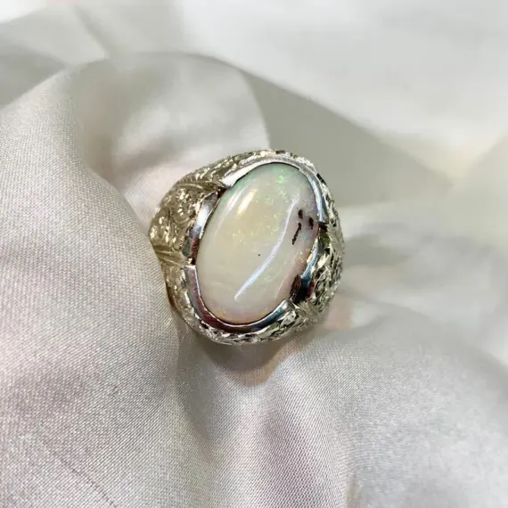 Opal Ring - Natural White Opal Sterling Silver 925 Handmade Hand Engraved Ring - October's Birthstone - Gift For Him