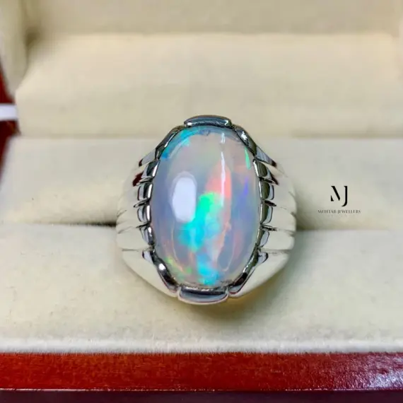 White Opal Ring , Natural Ethiopian White Opal Sterling Silver 925 Handmade Ring For Men - October's Birthstone