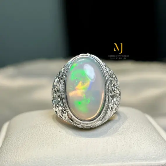 Opal Ring, Natural Ethiopian White Opal Sterling Silver 925 Handmade Hand Engraved Ring, October's Birthstone, Gift For Him