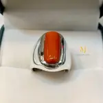 Natural Red Coral Sterling Silver Ring for Men - Statement Ring, Marjan Gemstone