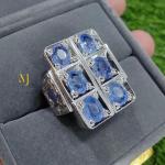 Natural Eight Blue Sapphire Ring – Handmade Sterling Silver Jewelry, Hand Engraved Design, Mens Ring