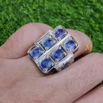 Natural Eight Blue Sapphire Ring – Handmade Sterling Silver Jewelry, Hand Engraved Design, Mens Ring