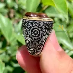 Natural Fire Agate & Emerald Ring – Handmade Sterling Silver 925 Hand Engraved Jewelry