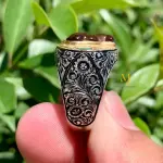 Natural Fire Agate & Emerald Ring – Handmade Sterling Silver 925 Hand Engraved Jewelry