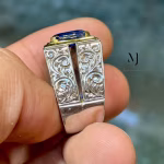 Natural Blue Sapphire Sterling Silver 925 Handmade Hand-Engraved Ring – Luxury Gemstone Jewelry for Men