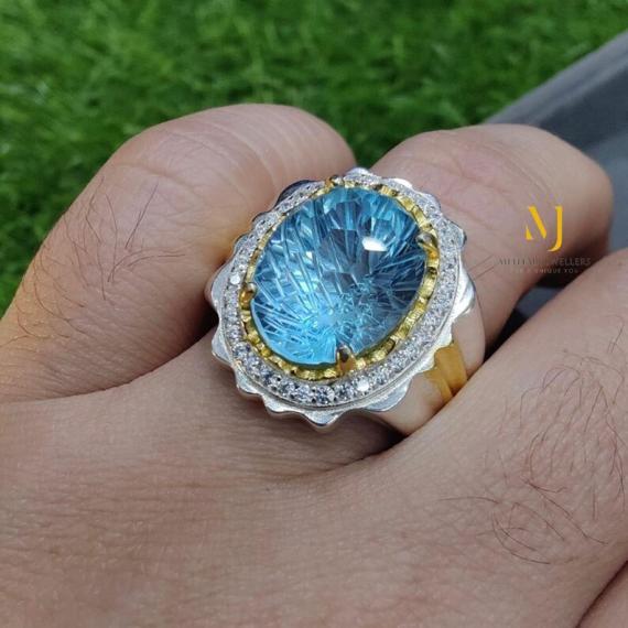 Natural Swiss Blue Topaz Ring • Fancy Cut Sterling Silver Jewelry • Handmade Statement Ring