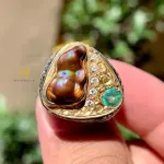 Natural Fire Agate & Emerald Ring – Handmade Sterling Silver 925 Hand Engraved Jewelry