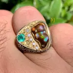 Natural Fire Agate & Emerald Ring – Handmade Sterling Silver 925 Hand Engraved Jewelry