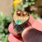 Natural Fire Agate & Emerald Ring – Handmade Sterling Silver 925 Hand Engraved Jewelry