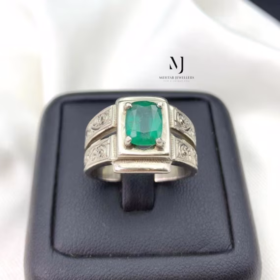 Natural Emerald Ring – Handmade Sterling Silver 925 Jewelry, Hand Engraved Artisan Design, Statement Ring