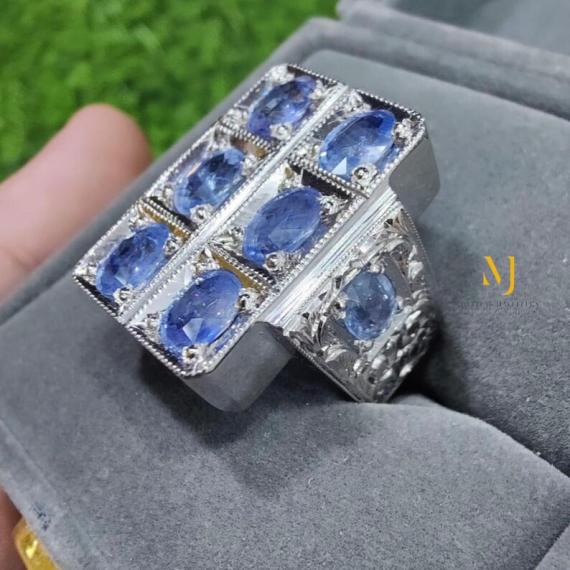 Natural Eight Blue Sapphire Ring – Handmade Sterling Silver Jewelry, Hand Engraved Design, Mens Ring