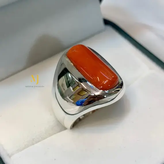 Natural Red Coral Sterling Silver Ring for Men - Statement Ring, Marjan Gemstone