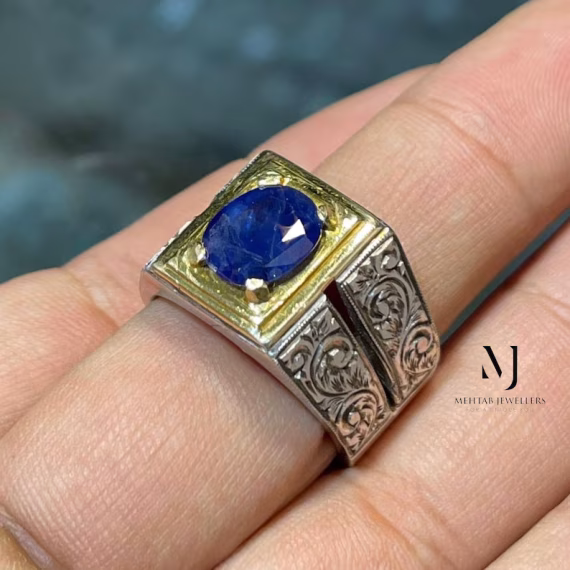 Natural Blue Sapphire Sterling Silver 925 Handmade Hand-Engraved Ring – Luxury Gemstone Jewelry for Men