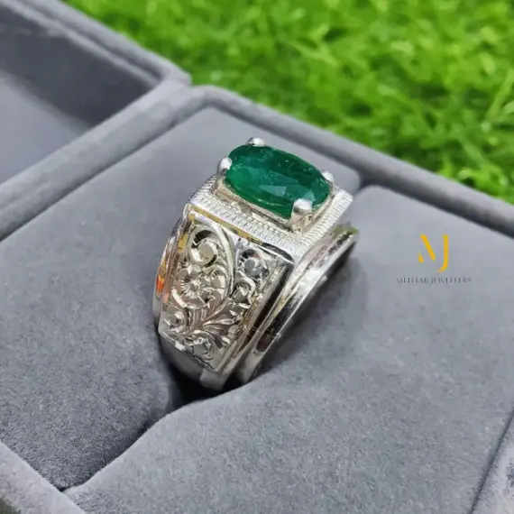 Natural Emerald Ring – Handmade & Hand-Engraved Sterling Silver Jewelry, Gemstone Statement Ring, May Birthstone Gift