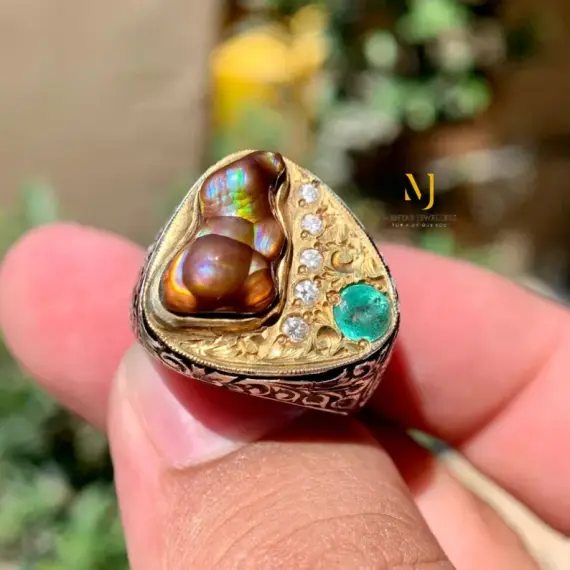Natural Fire Agate & Emerald Ring – Handmade Sterling Silver 925 Hand Engraved Jewelry
