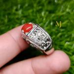 Natural Red Coral Ring, Three Stone Sterling Silver 925, Hand-Engraved Jewelry Gift