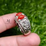 Natural Red Coral Ring, Three Stone Sterling Silver 925, Hand-Engraved Jewelry Gift