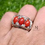 Natural Red Coral Ring, Three Stone Sterling Silver 925, Hand-Engraved Jewelry Gift