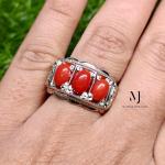 Natural Red Coral Ring, Three Stone Sterling Silver 925, Hand-Engraved Jewelry Gift