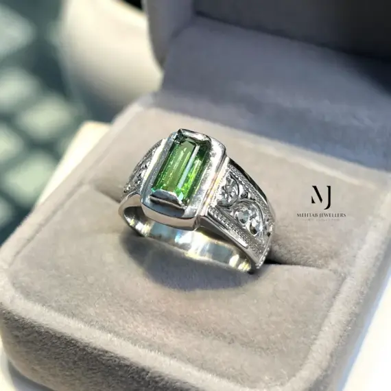 Natural Green Tourmaline Ring | Handmade 925 Sterling Silver Jewelry | Hand Engraved Statement Ring | October Birthstone