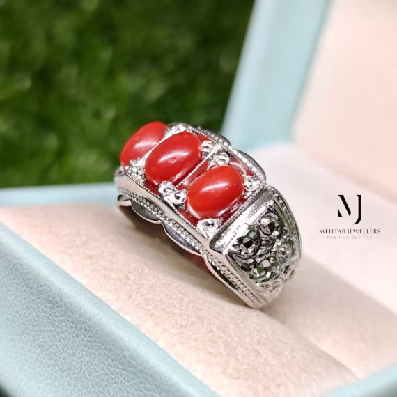 Natural Red Coral Ring, Three Stone Sterling Silver 925, Hand-Engraved Jewelry Gift