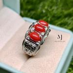Natural Red Coral Ring, Three Stone Sterling Silver 925, Hand-Engraved Jewelry Gift